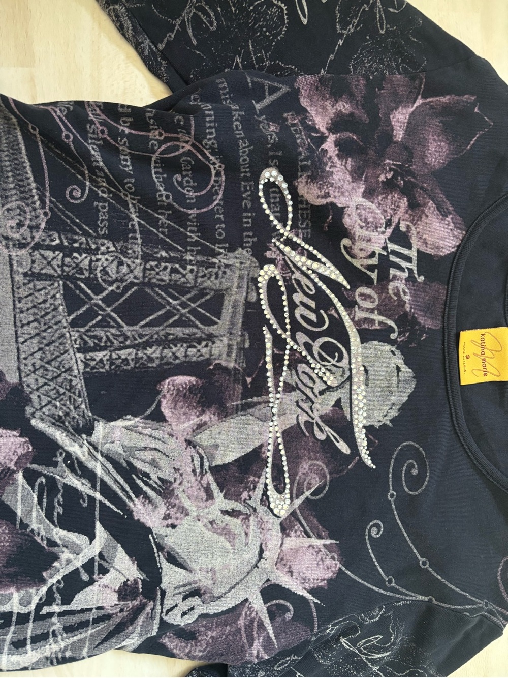 Rhinestone Embellished Black 3/4 Sleeve Graphic Tee with Pink Floral